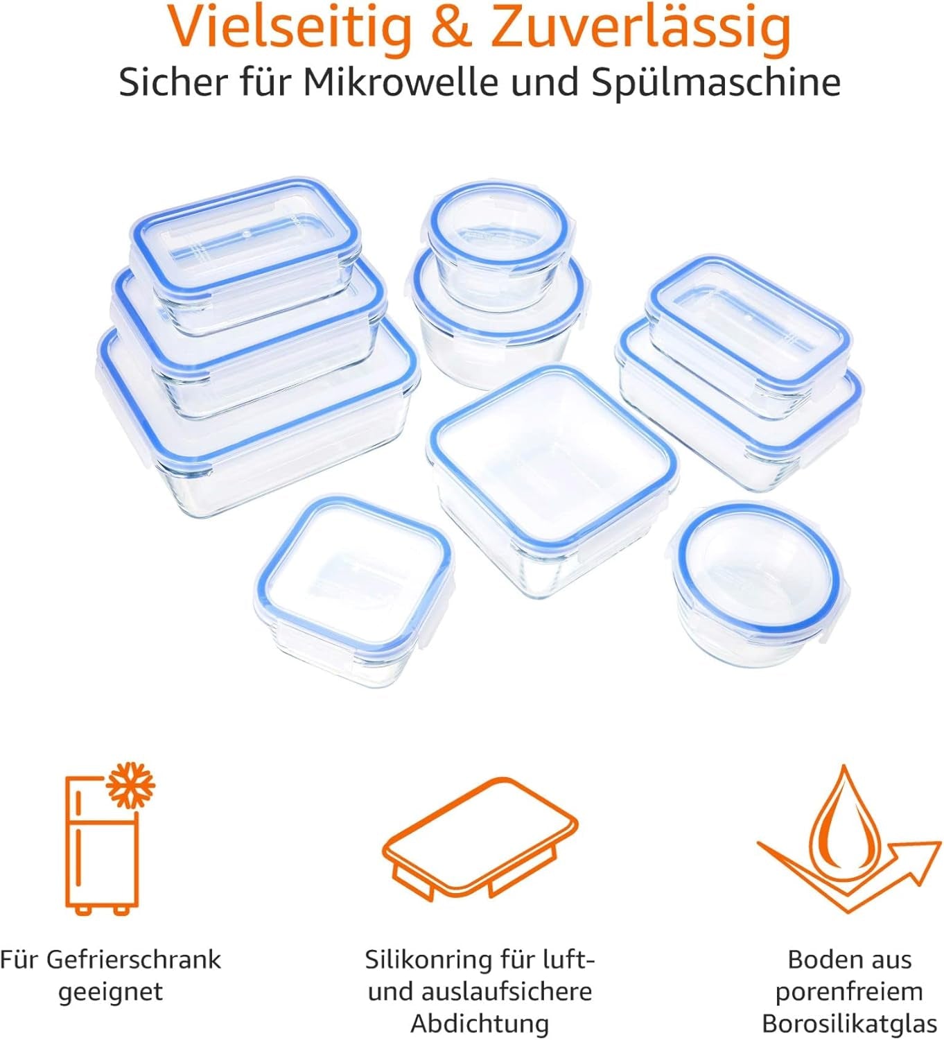 Amazon Basics Recipientes de vidrio para alimentos con tapa, paquete de 20 (10 recipientes + 10 tapas), cajas de almacenamiento de alimentos azul transparente sin BPA Naty Shop