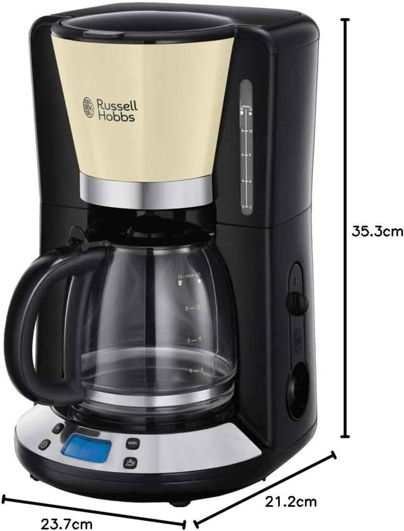 Cafetera Russell Hobbs [Temporizador digital, cabezal de ducha para una extracción y aroma óptimos] Colors+ Creme (1 a 10 tazas, jarra de vidrio de 1,25 L, placa calefactora, 1100 W) Cafetera de filtro 24033-56