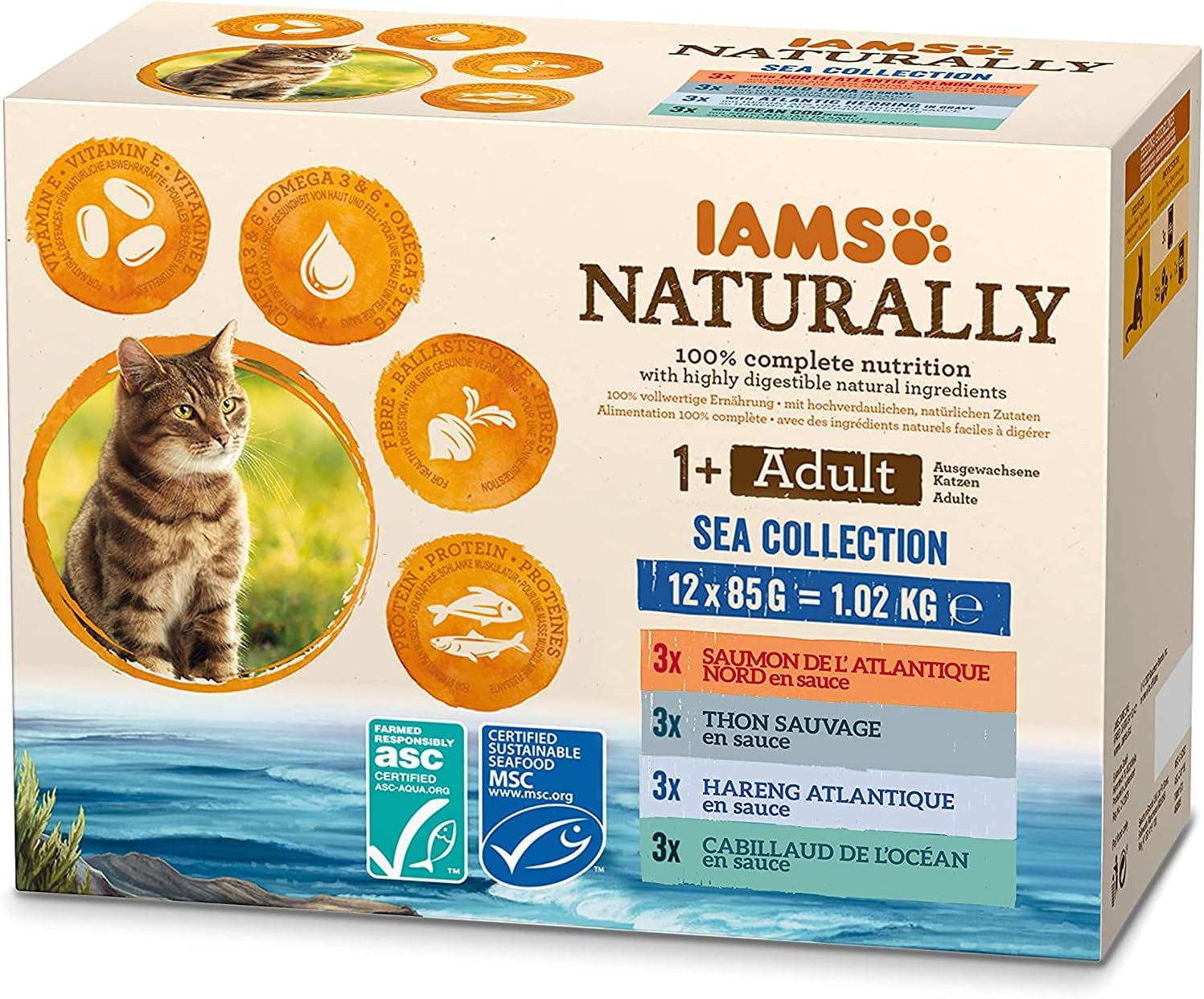 IAMS Comida Húmeda Natural para Gatos en Salsa - Comida Húmeda de Alta Calidad con Pescado para Gatos Adultos, Colección Mar, 12 x 85 g