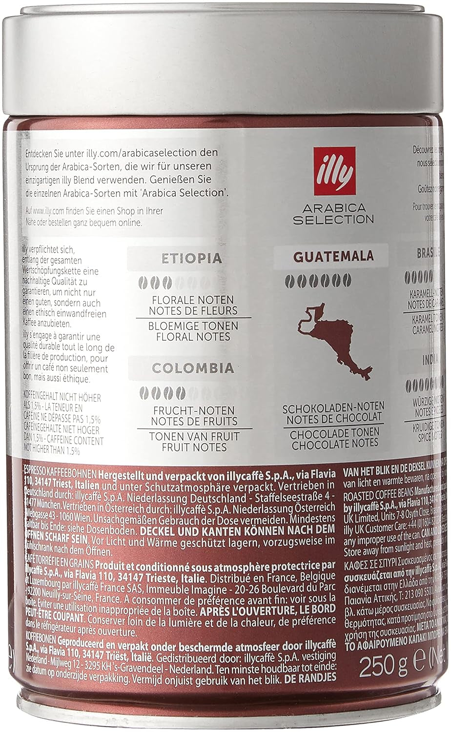 Granos de café illy, selección de granos de café Arábica, Guatemala, paquete de 6 (6 x 250 g)