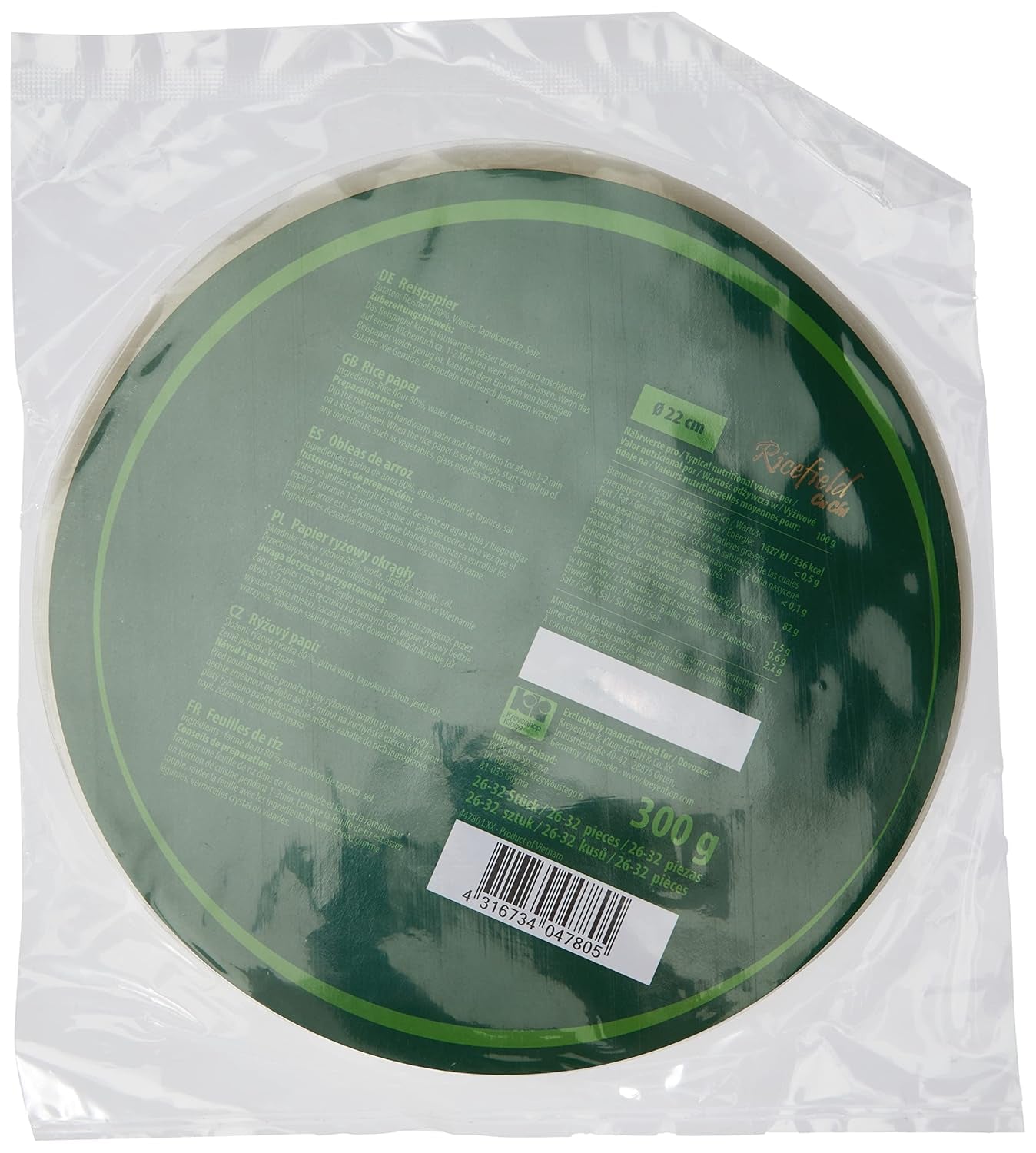 Papel de arroz Ricefield, redondo, 22 cm, 1 paquete (300 g)