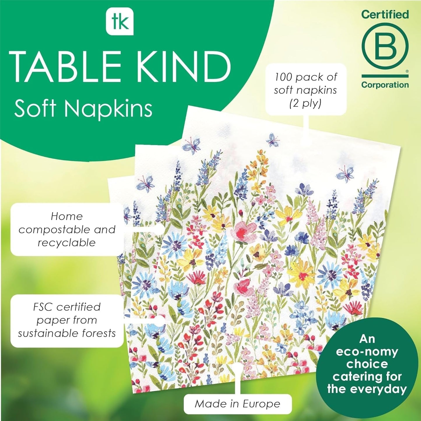 Talking Tables Servilletas desechables tipo mesa, servilletas de papel suave, servilletas desechables con estampado floral, para bodas o uso diario, ecológicas, compostables, reciclables