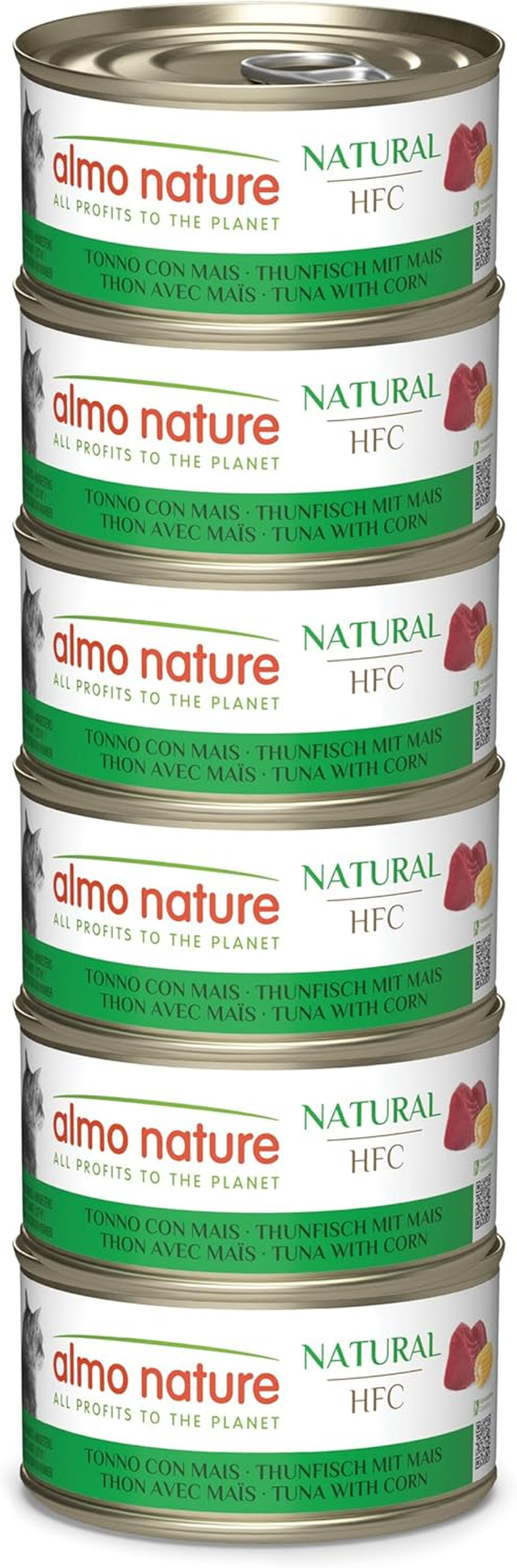Almo Nature HFC Natural - Comida húmeda para gatos adultos - Atún y maíz - Calidad humana, Sin gluten - 6 x 70g