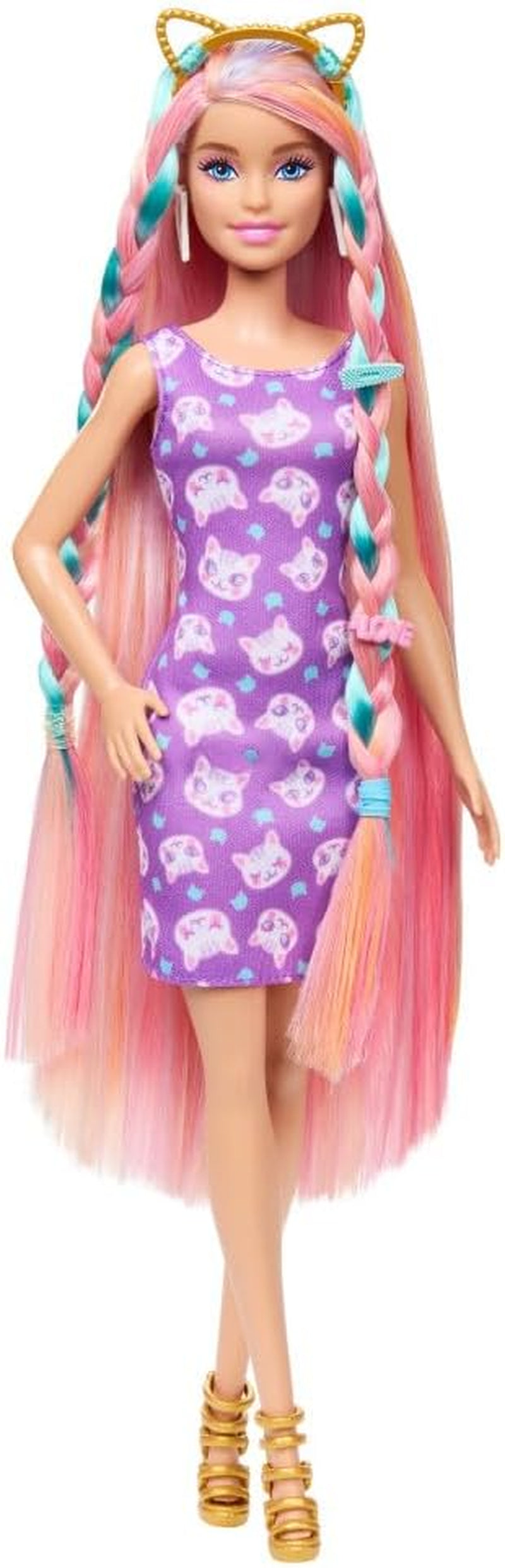 Barbie Totally Hair - Muñeca con cabello arcoíris extralargo fácil de peinar y 10 accesorios de moda y peinado, vestido de lunares con bloques de colores, para edades de 3 años en adelante, HKT96