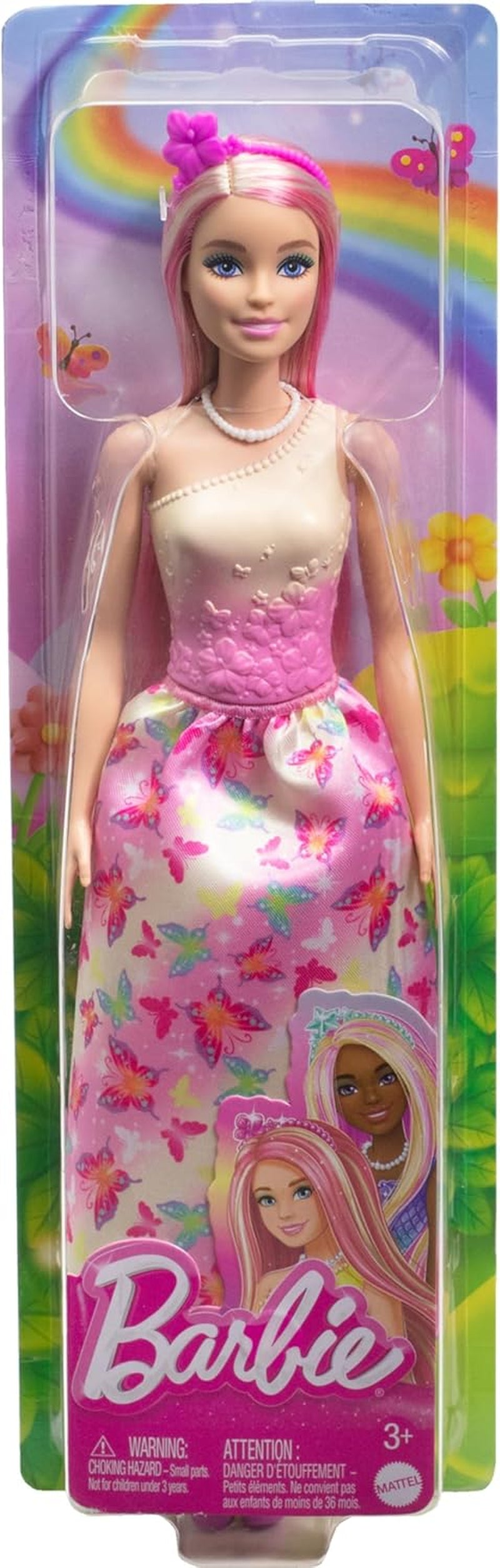Muñeca Barbie Real con pelo elegante rubio y rosa, accesorios coloridos, top rosa degradado y falda de mariposa, HRR08 Naty Shop Dolls