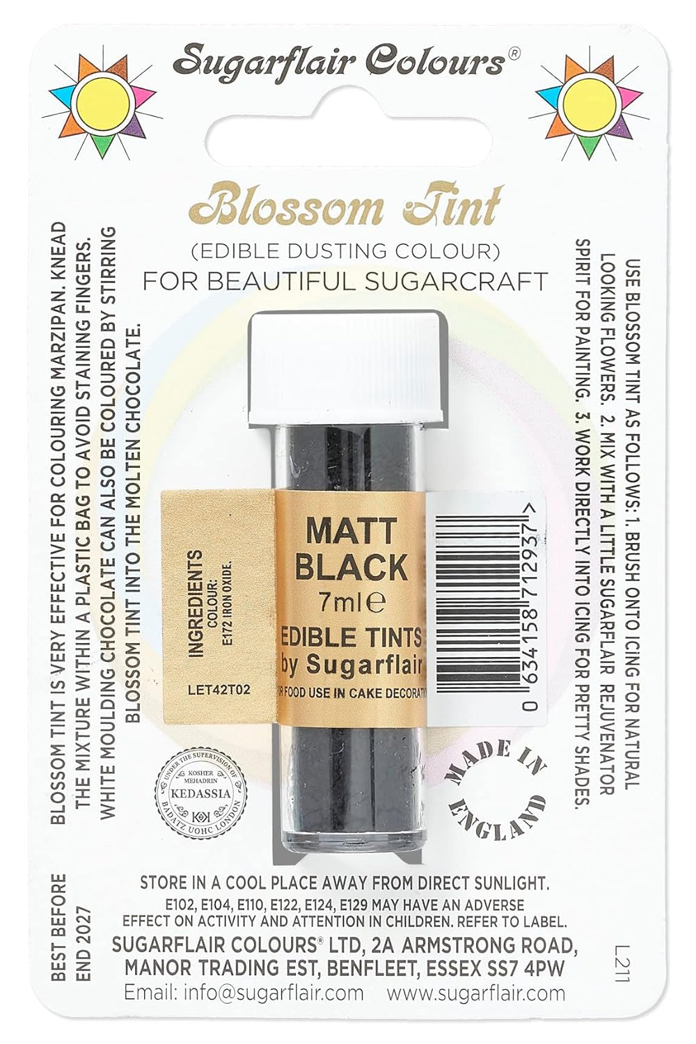 Colorante alimentario en polvo Sugarflair Blossom Tint Dusting, negro mate - Colorante alimentario en polvo para decorar pasta de azúcar de colores, fondant, glaseado, chocolate, crema de mantequilla, macarrones - 7ml