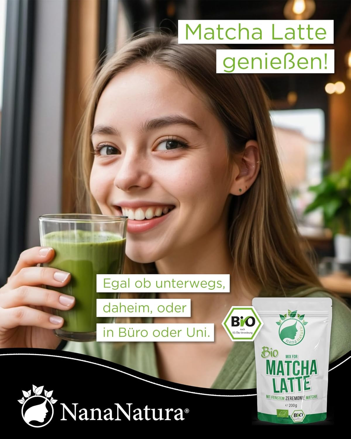 Mezcla de Latte Bio Matcha de Nananatura con 22% de té verde en polvo de grado ceremonial de Japón | Para disfrutar del té de forma sencilla y deliciosa | También apto para helados y pasteles.