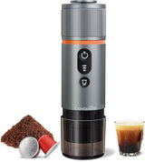 CONQUECO Máquina de espresso para coche de 12 V: Máquina de espresso portátil con batería para acampar y viajar - Calentamiento rápido en 2,5 minutos - 8 tazas de espresso en una sola carga