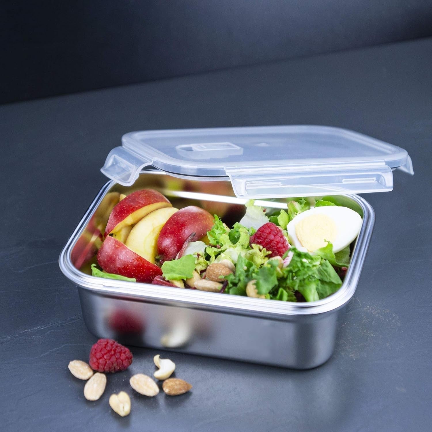 Lurch 240895 Fiambrera Caja de Seguridad/Almacenamiento de Acero Inoxidable de Alta Calidad con Tapa de plástico Libre de BPA Cajas de Almacenamiento de Alimentos Transparentes de 2000 ml Naty Shop