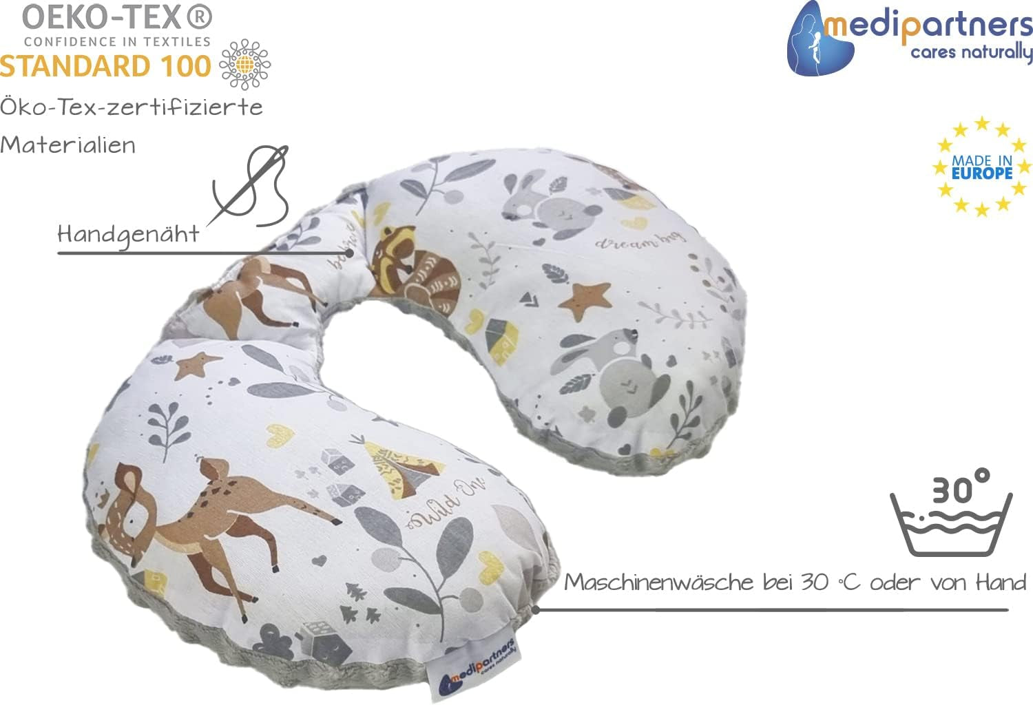 Medi Partners Almohada para el cuello del bebé Soporte para el cuello 100% algodón / Minky Almohada para el cuello del bebé para el coche Cochecito Viajes Viajes Dormir Almohada para el cuello Snooze Roll (REH con Minky gris) Almohadas ortopédicas cervicales Naty Shop