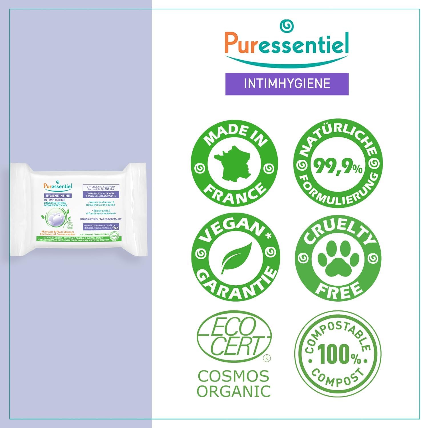 Puressentiel - Higiene íntima - Toallitas íntimas - Limpiadoras y refrescantes - Mucosas y pieles sensibles - Hidratación duradera 24 horas - Para uso diario - X25 uds.