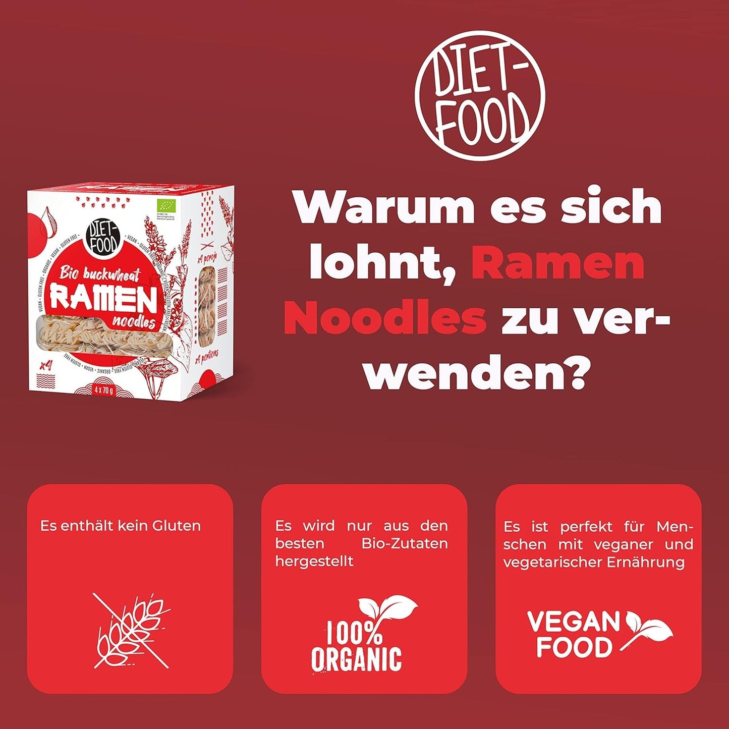 DIET-FOOD Fideos ramen de trigo sarraceno orgánico, comida vegetariana y vegana, sin grasa, sin soja, sin gluten, fideos dietéticos solubles en agua, bajos en calorías, 280 g