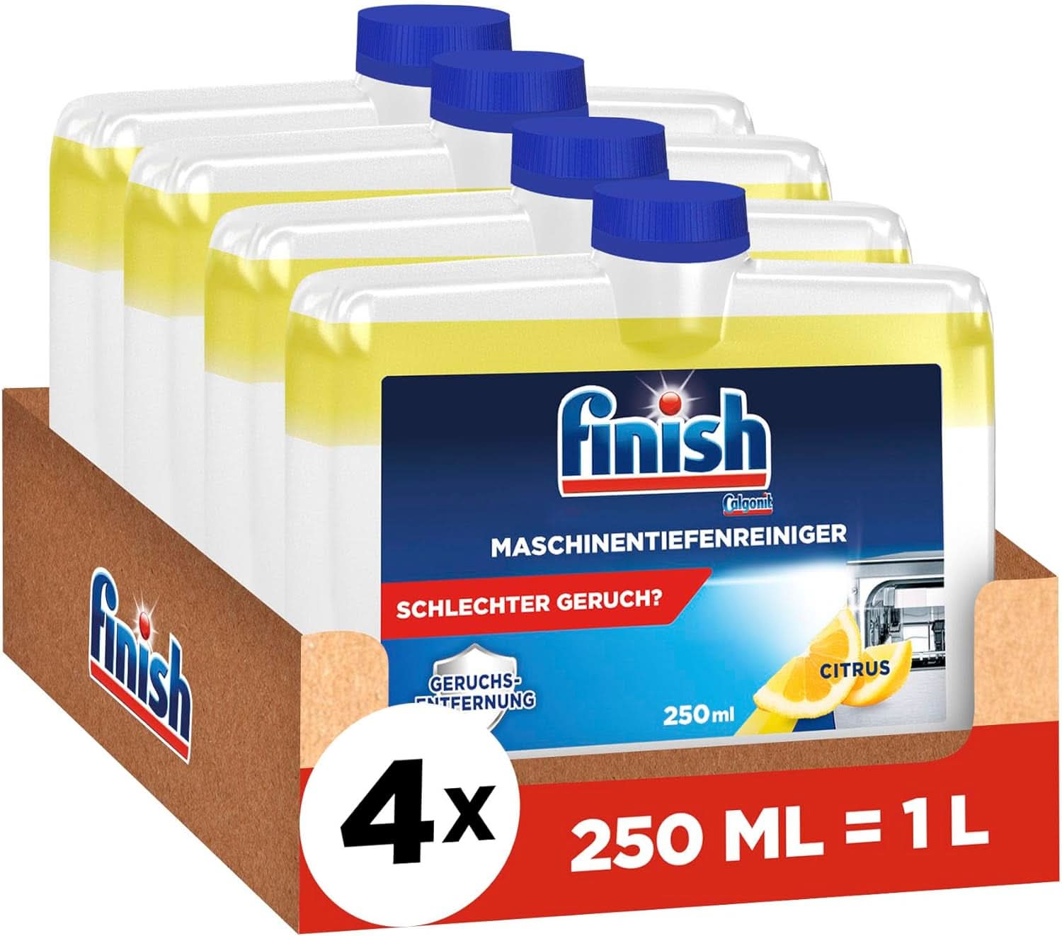 Finish Deep Machine Cleaner Citrus - limpiador líquido para máquinas contra la cal y la grasa para un lavavajillas limpio - paquete económico Naty Shop Set 4 x 250 ml