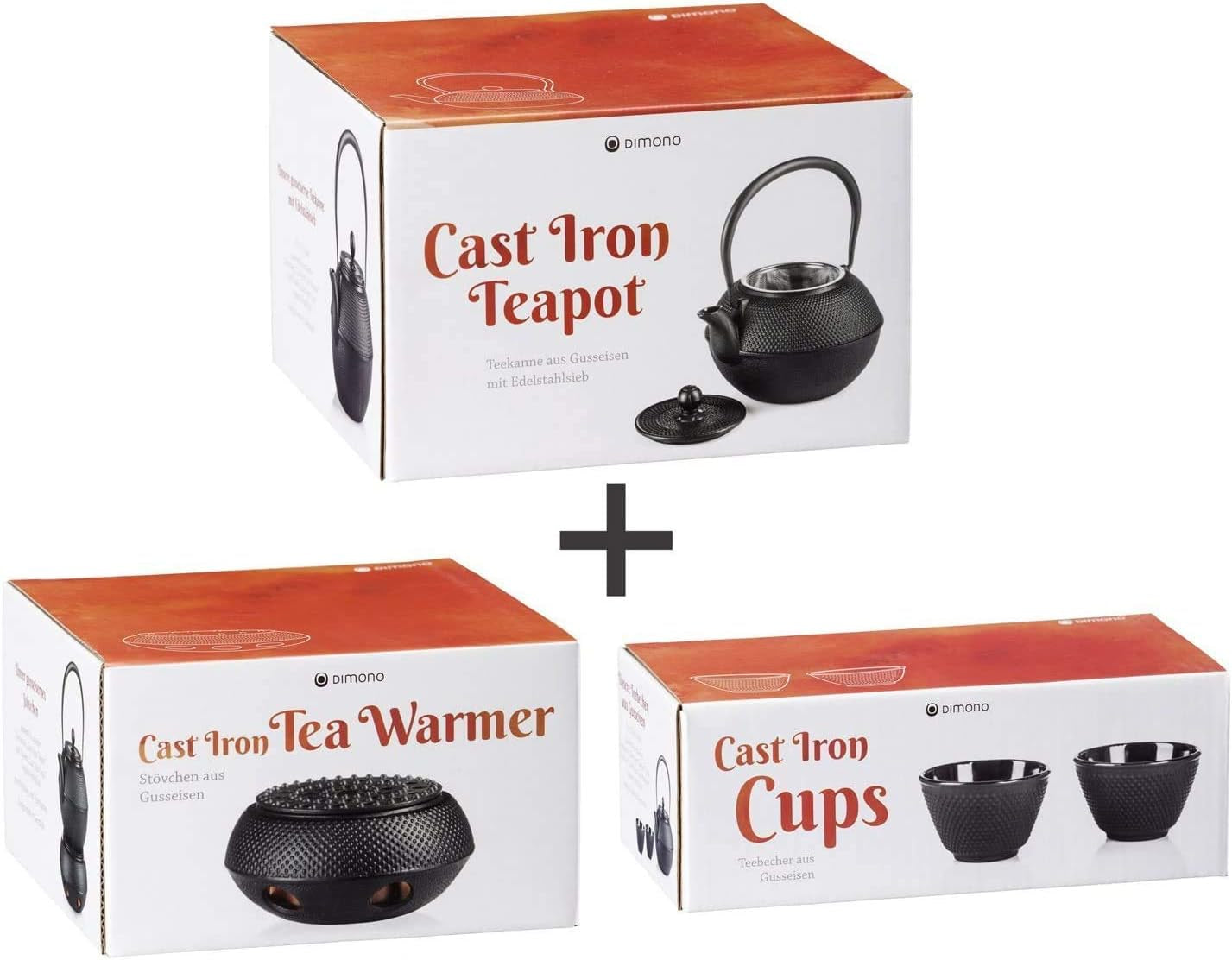 Juego de té tradicional de hierro fundido Dimono: tetera, calentador y 2 tazas de té.