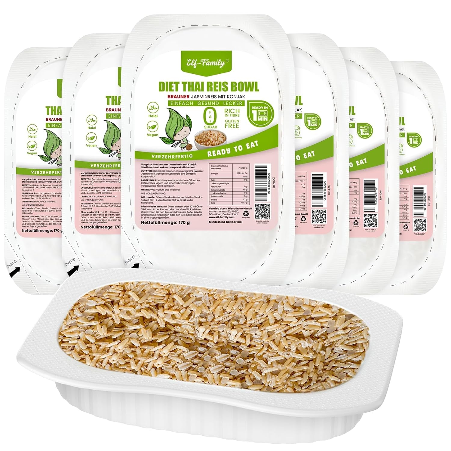Elf-Family Konjak Reis Thai Brauner Shirataki Bowl -[Diätbox für 1 Wo.] - Instant Jasmin Reis - Fertiggerichte für Mikrowelle - Natürlich Superfoods Mikronährstoffe - Vegano/Bajo en carbohidratos/Fettfrei- Caja de 6 unidades