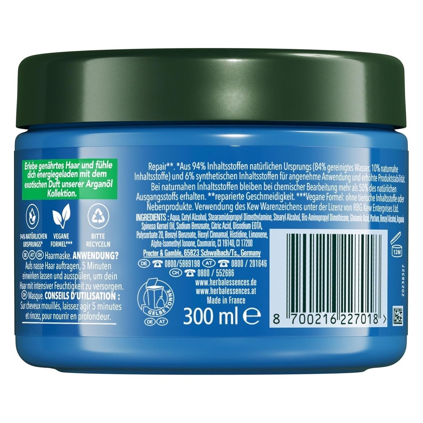 Herbal Essences Mascarilla reparadora capilar con aceite de argán 300ml. Desde cabello dañado hasta cabello más suave y brillante. Cuidados intensivos. Con ingredientes de origen natural. Mascarilla capilar vegana Naty Shop