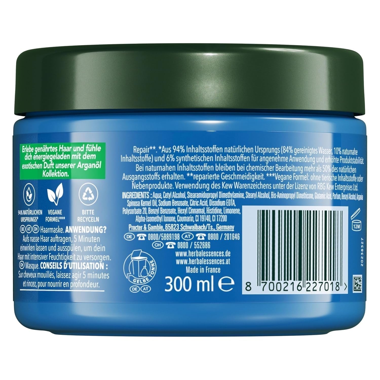 Herbal Essences Mascarilla reparadora capilar con aceite de argán 300ml. Desde cabello dañado hasta cabello más suave y brillante. Cuidados intensivos. Con ingredientes de origen natural. Mascarilla capilar vegana Naty Shop