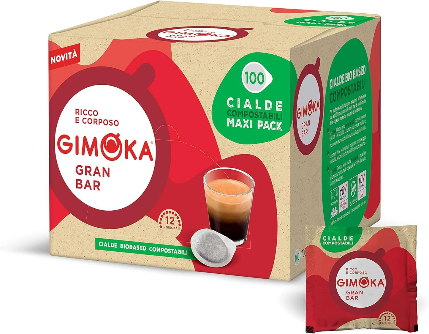 Gimoka Kompostierbare Kaffeepads, Gran Bar Intenso Kaffeemischung, Intensität 12-100 Pads - Compatible con ESE System Papier Pads 44 mm