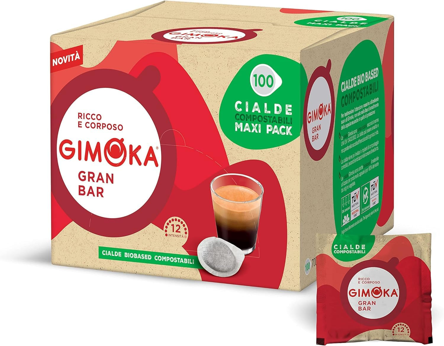Gimoka Kompostierbare Kaffeepads, Gran Bar Intenso Kaffeemischung, Intensität 12-100 Pads - Compatible con ESE System Papier Pads 44 mm