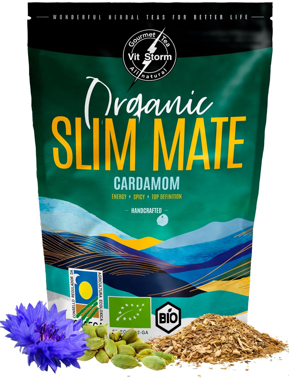 VITSTORM® Slim Tea Cardamomo – Té Yerba Mate BIO – Té detox y diurético – 100G