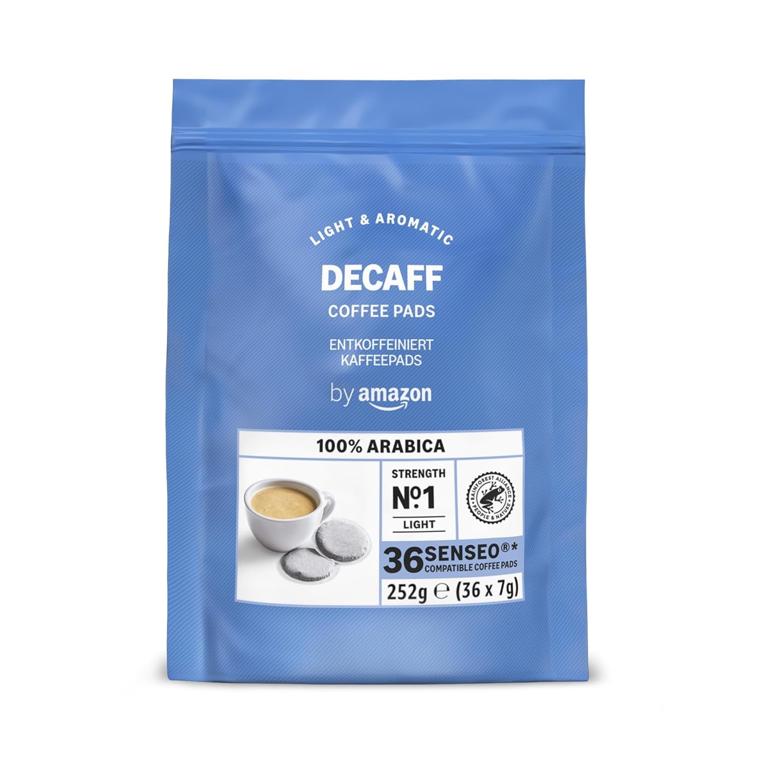 de Amazon Entkoffeinierte 100% Arábica-Kaffeepads, geeignet für Senseo-Maschinen, medium Röstung, 36 Stück (1 Packung mit 36 ​​​​Stück) – Certificado Rainforest Alliance