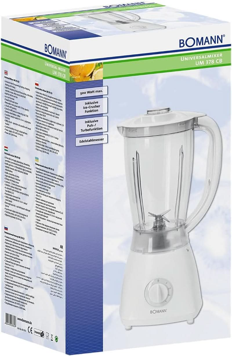 Bomann 378 CB Universalmixer Zum Pürieren, Schlagen, Zerkleinern, Shaken Und Mixen, Ice Crush-Funktion, Kraftvoller 500 Watt-Motor, Abnehmbarer Mixbehälter Mit 1,5 Litre, Edelstahlmesser, Weiß, UM 378 CB Kitchen Naty Shop