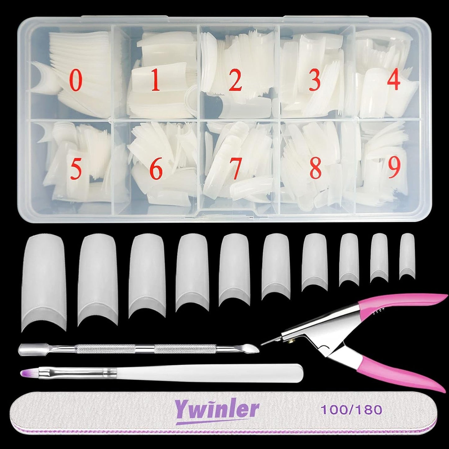 Uñas postizas 500 Uds. Uñas postizas artificiales de Color Natural, 10 tamaños DIY acrílico con caja, cepillo para uñas, empujador de cutículas, lima de uñas