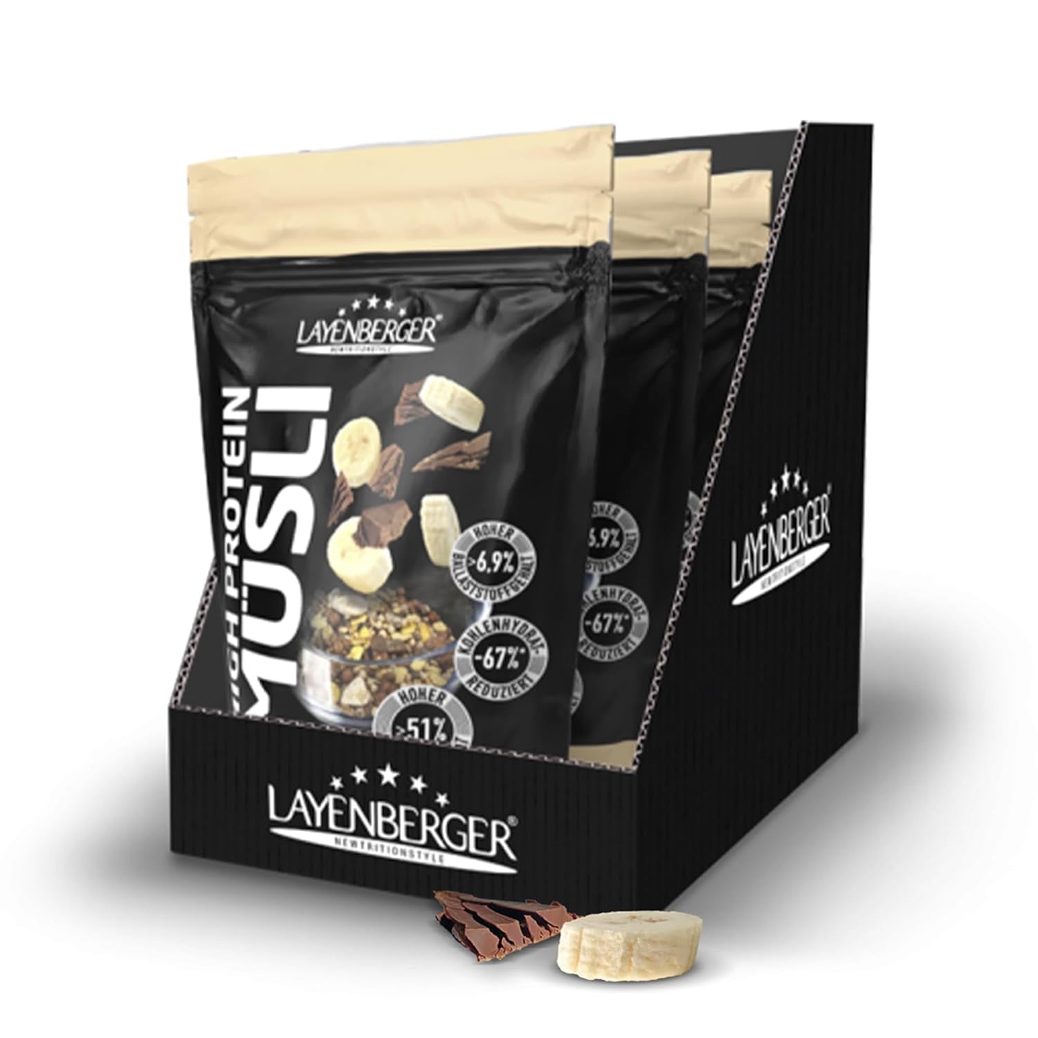 Layenberger Muesli 3K rico en proteínas, 50% Eiweiß y 18% Kohlenhidrato - Paquete individual (1X 390 G) - Schoko-Nuss Cereale Naty Shop 1,17 Kg (1 paquete) Schoko-Banana