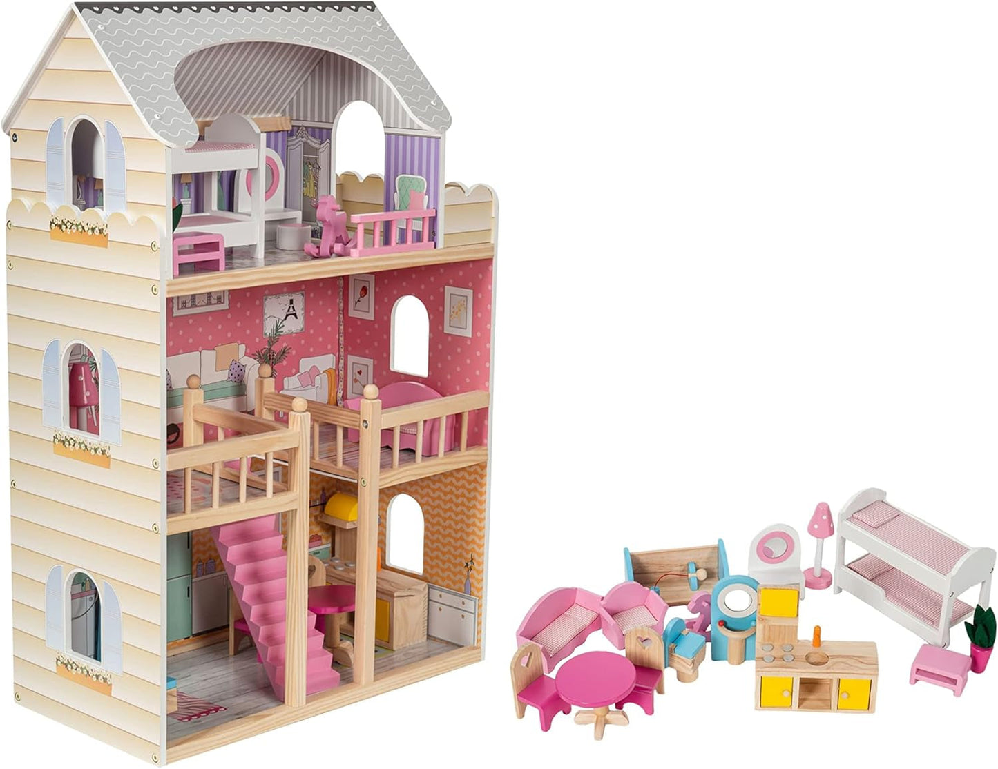 Casa de muñecas con luz LED A405 - Juego de 3 niveles y muebles - Casa de juegos de madera que incluye accesorios: cocina, baño, dormitorio - Regalo para niñas de 3 años en adelante Casas de muñecas Naty Shop Default Title