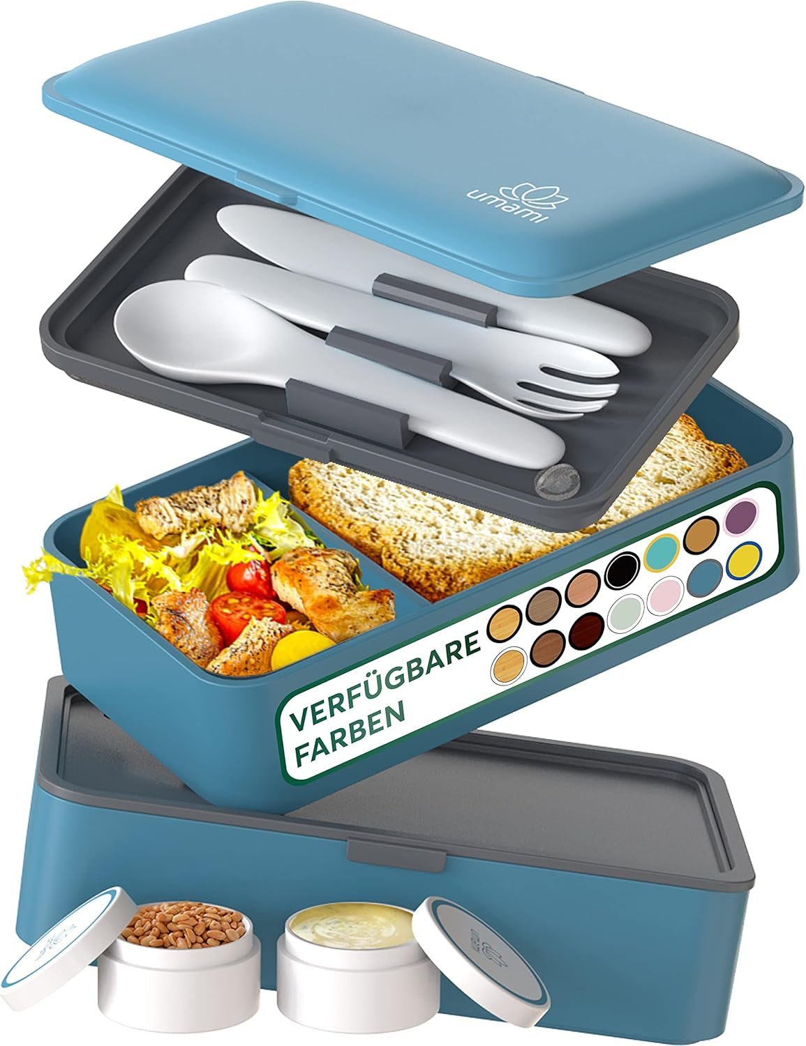 Umami Fiambrera para Adultos, Fiambrera Bento Apilable con 4 Cubiertos y Compartimentos, Fiambrera para Adultos, Ensaladera para Llevar, Fiambrera para Picnic/Oficina, Gris Antracita, Cajas de Almacenamiento de Alimentos 1500ml Naty Shop Azul Denim L - 1200 Ml