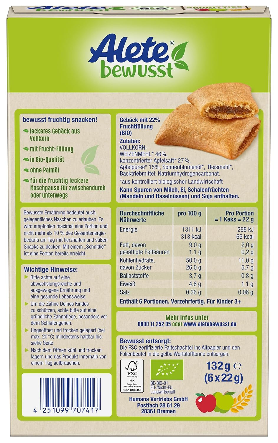 Alete Empanadas Ecológicas con Cereales Integrales y Manzana 6 x 22 g