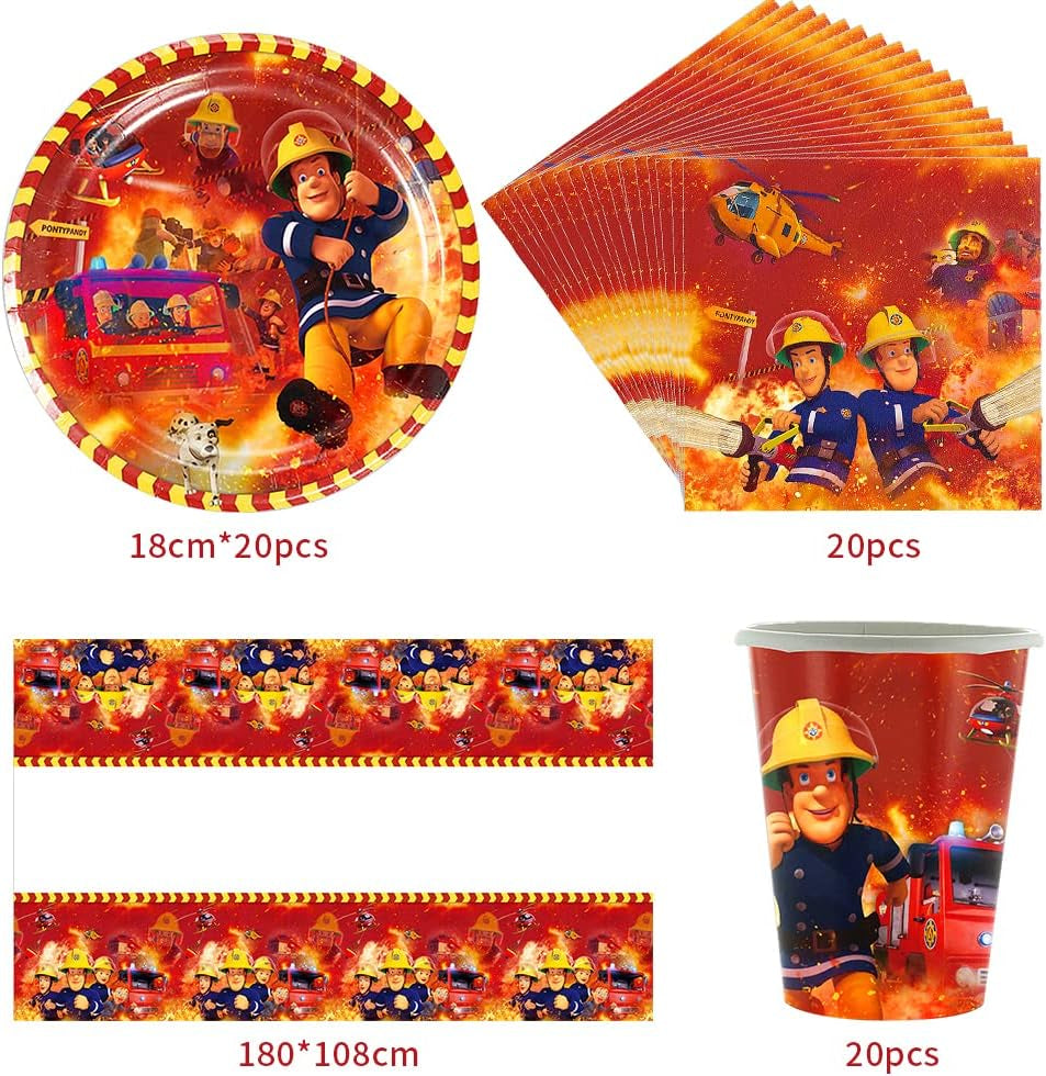 Juego de vajilla para fiesta temática de bomberos, decoraciones para fiesta de cumpleaños de bomberos, 61 piezas para 20 invitados