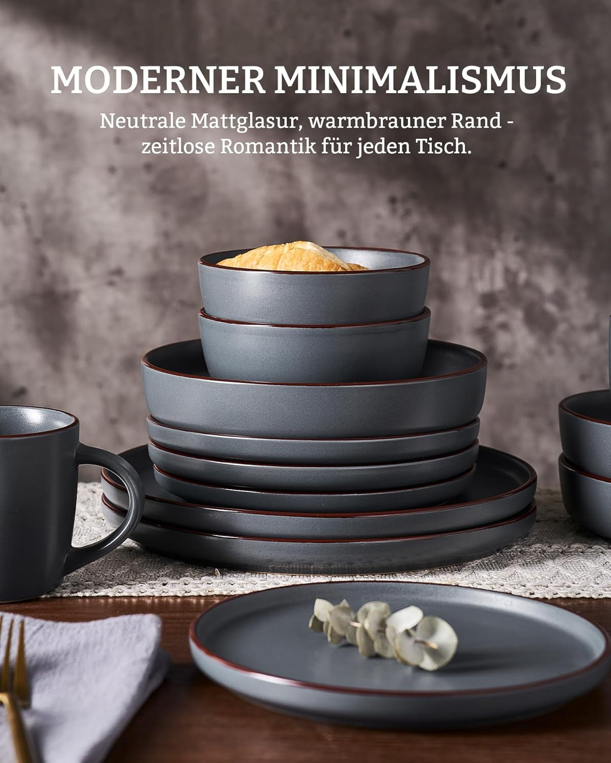 Mercury Juego de vajilla de 12 piezas, vajilla de gres para 4 personas con platos llanos, platos de postre, cuencos de cereales, apto para microondas y lavavajillas, gris carbón