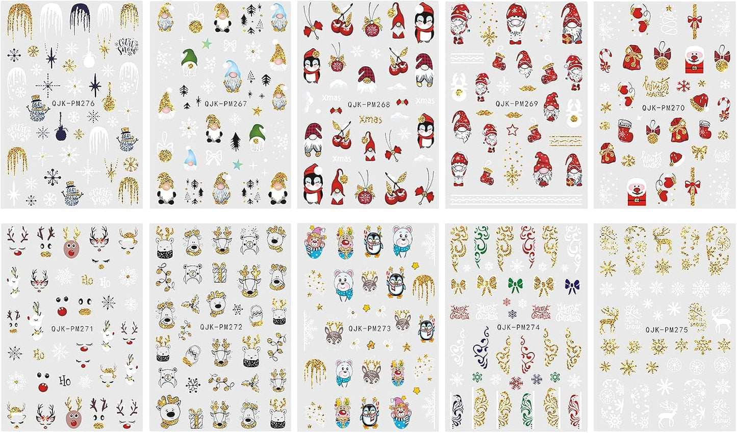 JMEOWIO Nagelsticker Weihnachten 10 Blatt Nail Art Sticker Selbstklebend Nagelaufkleber Glitter Schneeflocke Navidad Invierno Urlaub Oro Decoración Nageldesign Zubehör