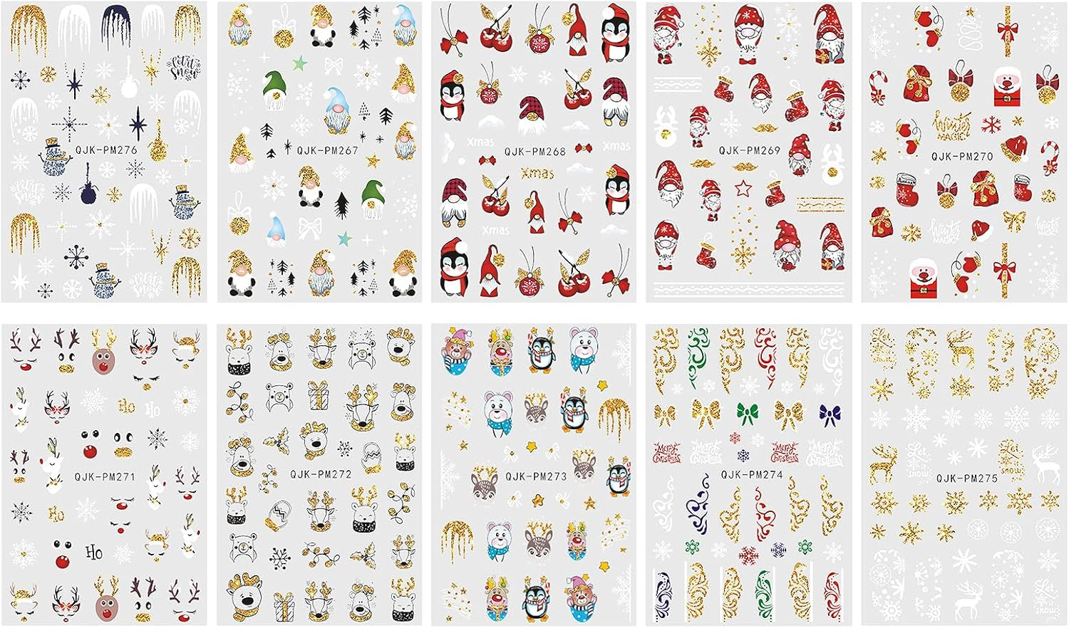 JMEOWIO Nagelsticker Weihnachten 10 Blatt Nail Art Sticker Selbstklebend Nagelaufkleber Glitter Schneeflocke Navidad Invierno Urlaub Oro Decoración Nageldesign Zubehör