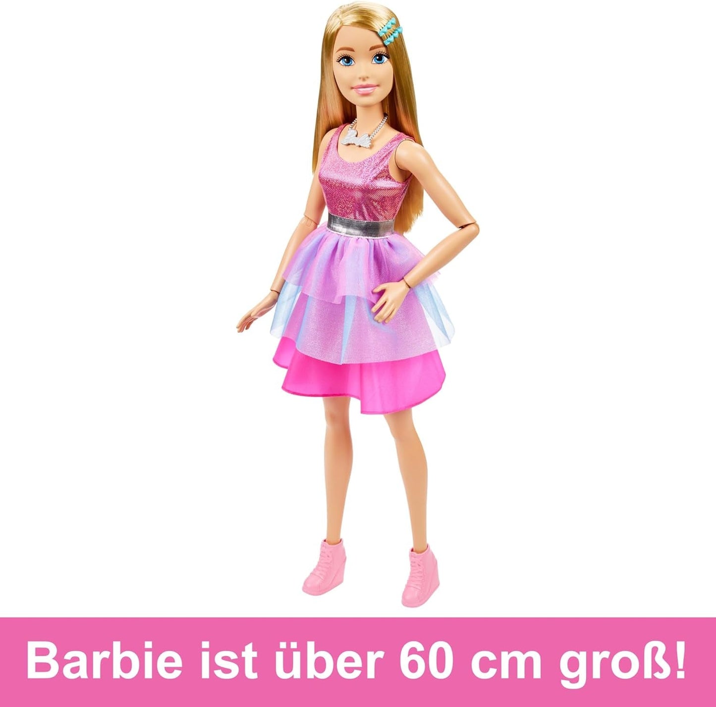 Muñeca Barbie extragrande (71 cm) - Vestido rosa, pelo rubio con clip y collar, regalo a partir de 3 años, HJY02
