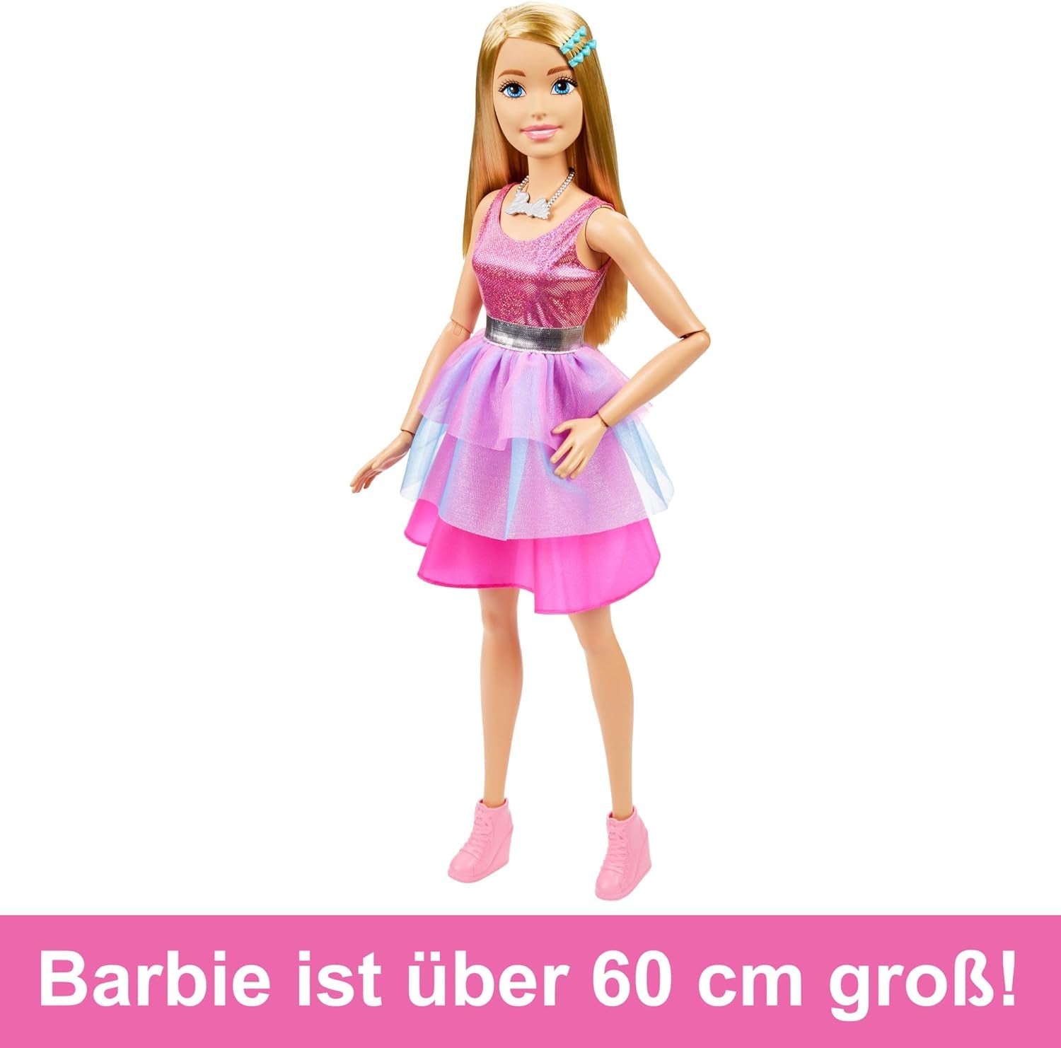 Muñeca Barbie extragrande (71 cm) - Vestido rosa, pelo rubio con clip y collar, regalo a partir de 3 años, HJY02