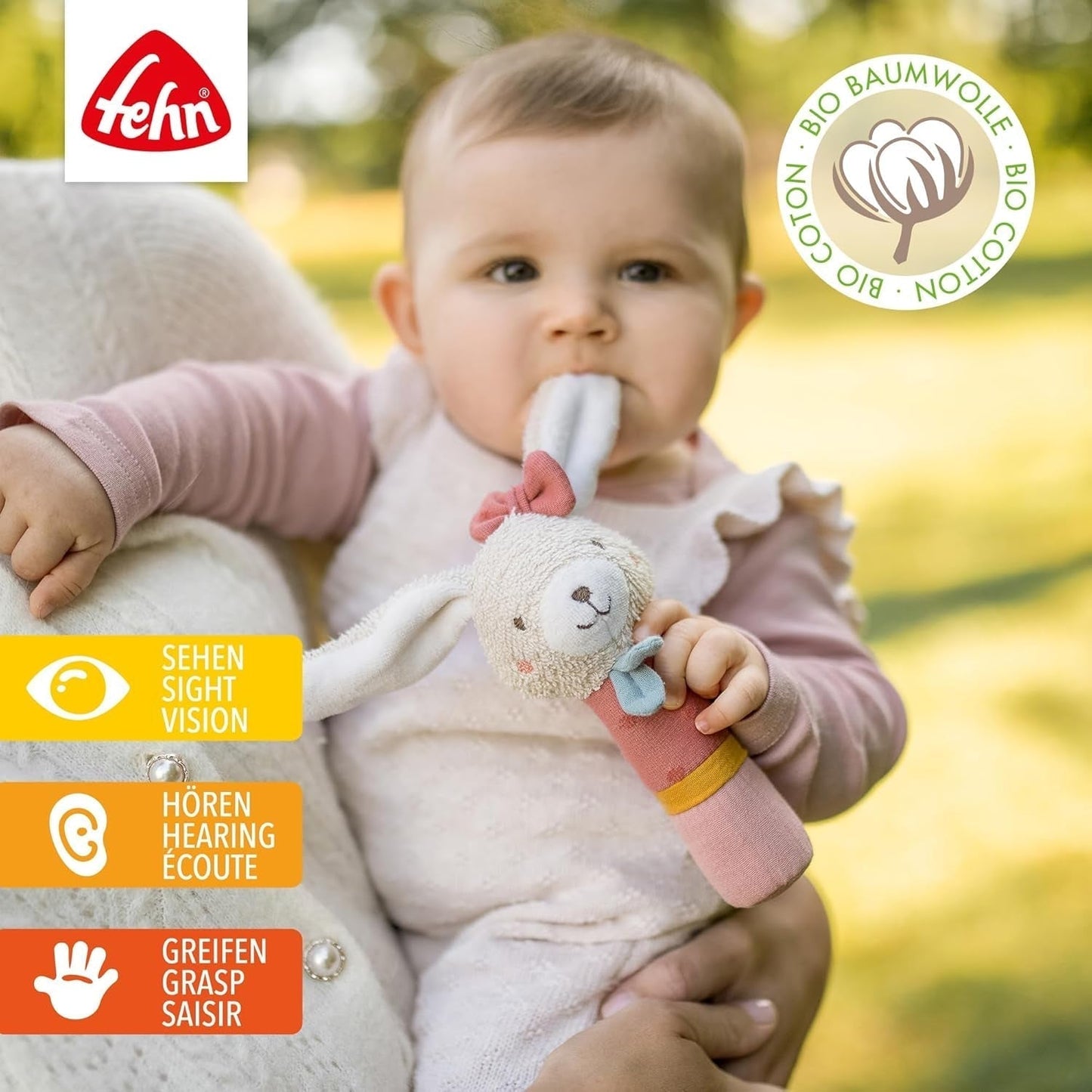 Fehn juguete palo de agarre para niños fehnNatur juguete conejo - juguete de motricidad con sonajero para agarrar, abrazar - juguete de agarre con algodón orgánico - juguete para bebés y niños pequeños a partir de 0 meses Baby Toys Naty Shop