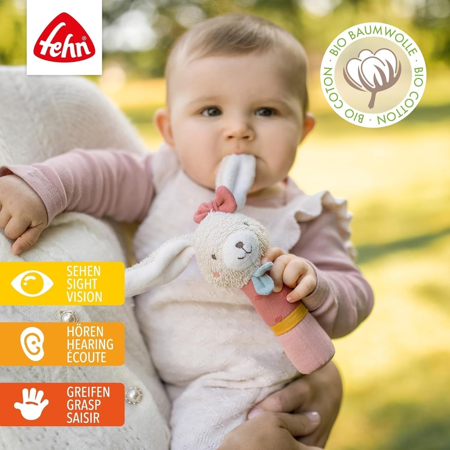 Fehn juguete palo de agarre para niños fehnNatur juguete conejo - juguete de motricidad con sonajero para agarrar, abrazar - juguete de agarre con algodón orgánico - juguete para bebés y niños pequeños a partir de 0 meses Baby Toys Naty Shop