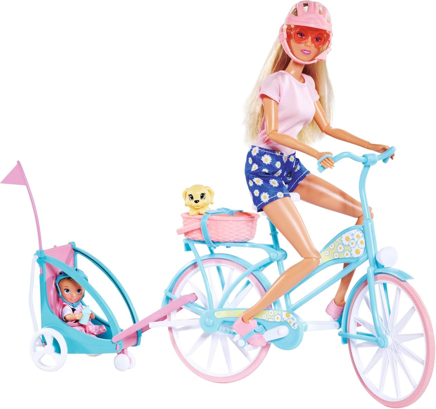 Steffi Love Bike Trailer, muñeca en bicicleta con remolque para bebé, perro y auriculares, a partir de 3 años