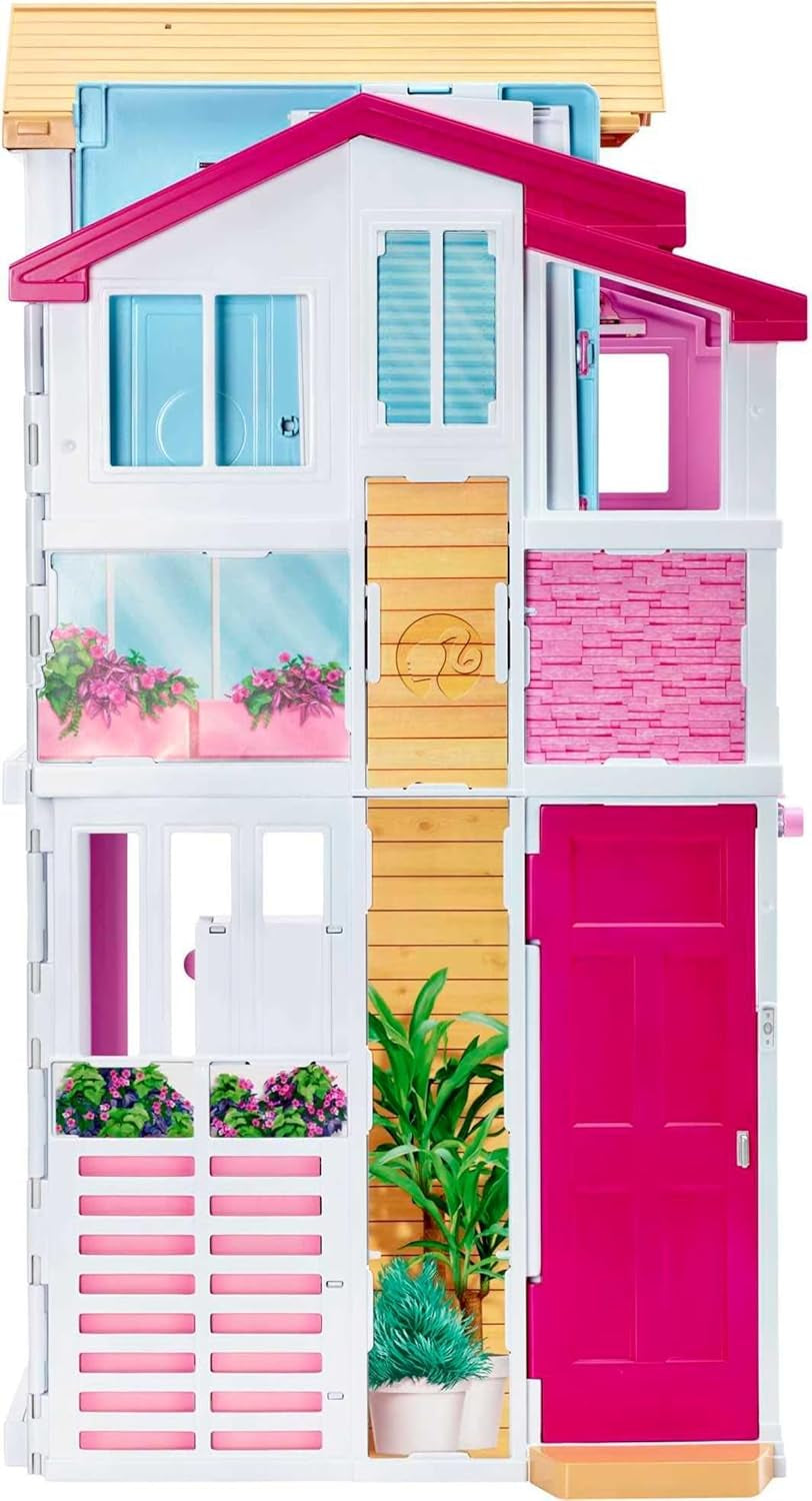 Barbie Dream House, casa adosada de 3 pisos y 5 habitaciones, incluye accesorios como muebles, plegable y de almacenamiento, juguete para edades de 3 años en adelante, DLY32