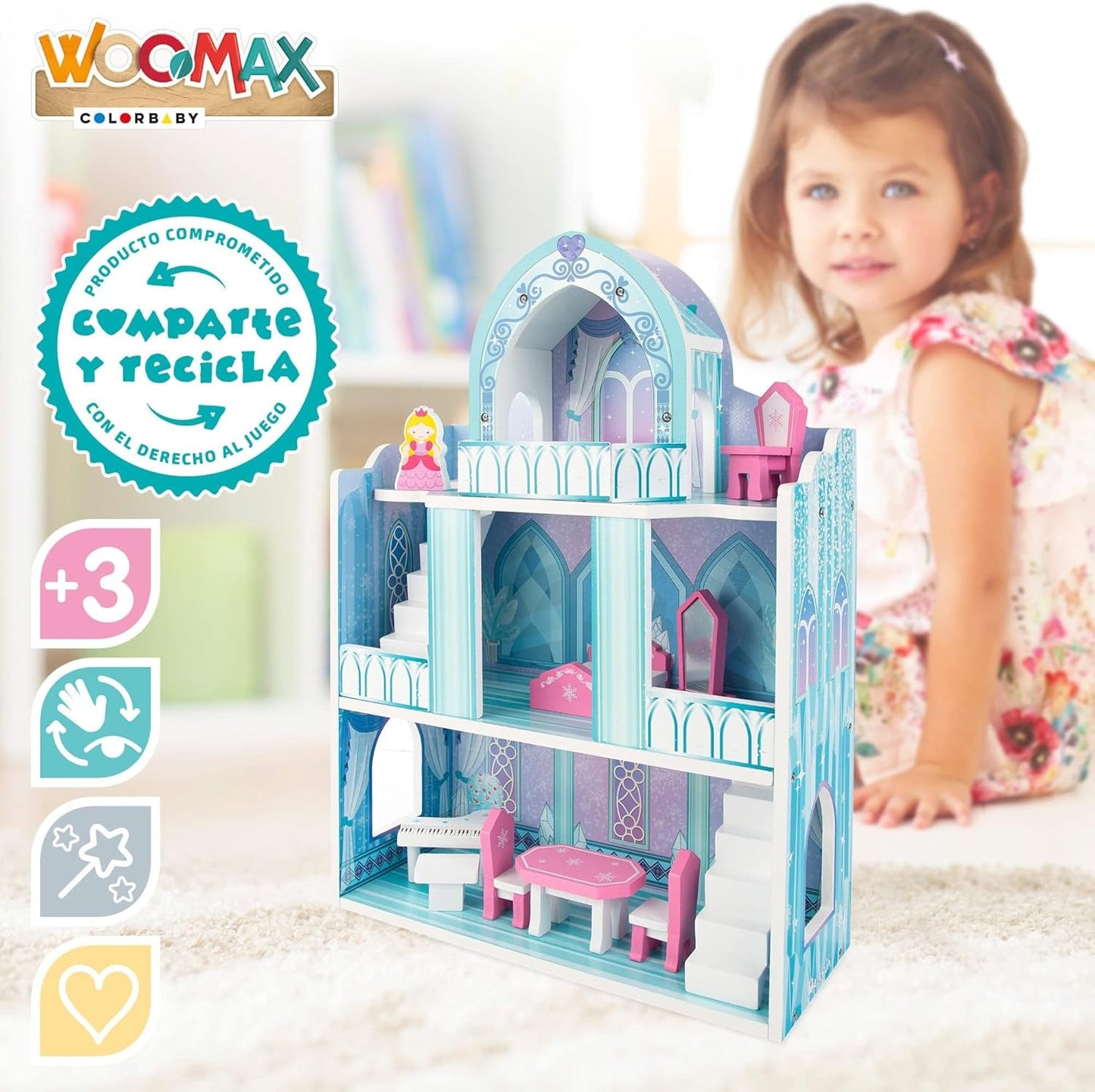 Casa de Muñecas de Madera, Castillos de Princesas de Madera, Casas de Muñecas, 3 Plantas, Castillos de Princesas, 9 Piezas de Madera, 37x15x53.5cm, Juguete de Madera, Edades 3+