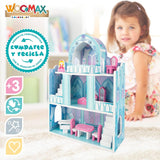 Casa de Muñecas de Madera, Castillos de Princesas de Madera, Casas de Muñecas, 3 Plantas, Castillos de Princesas, 9 Piezas de Madera, 37x15x53.5cm, Juguete de Madera, Edades 3+