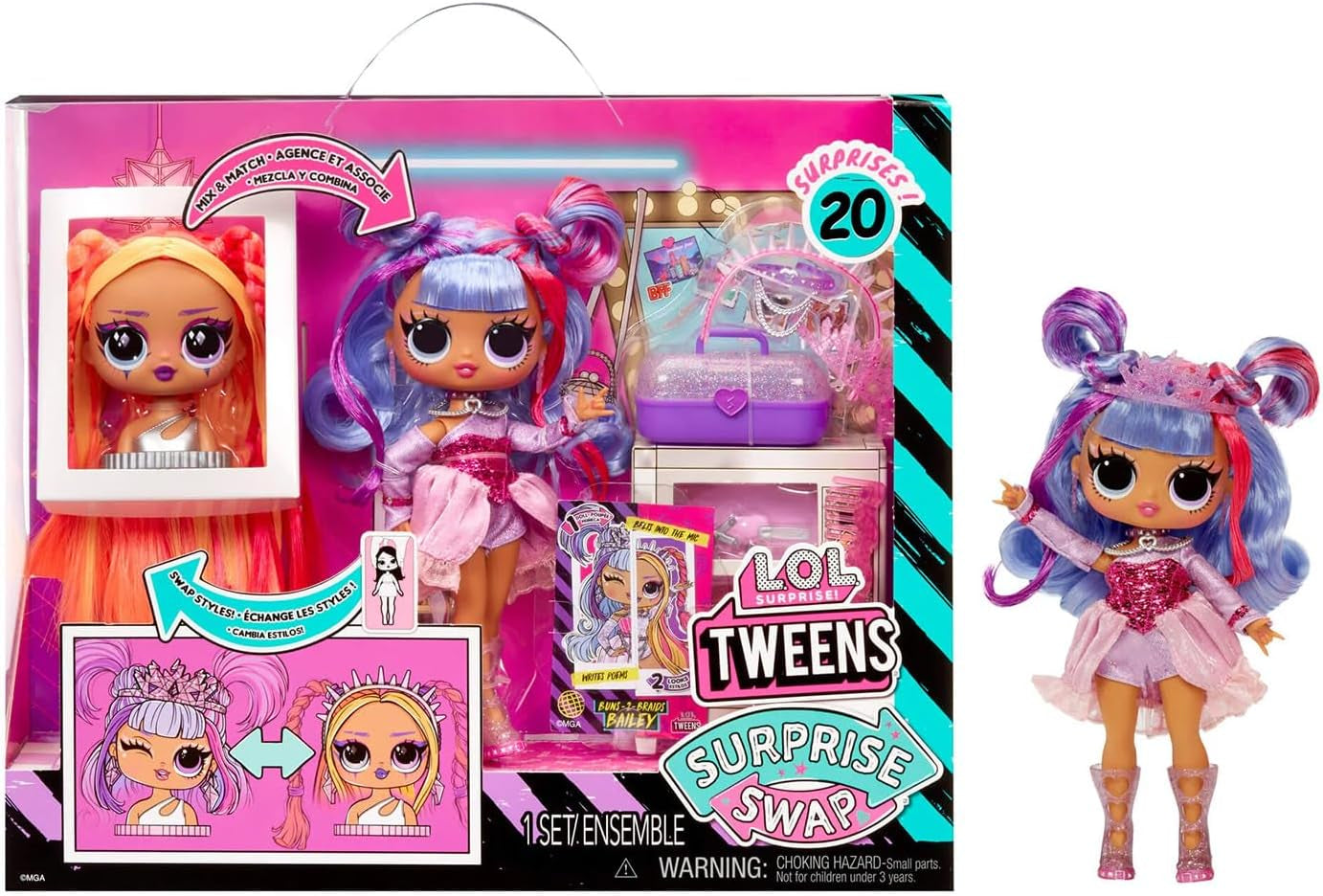 LOL Surprise Tweens Surprise Swap Series - Buns-2-Braids Bailey - Muñeca de moda con más de 20 sorpresas, incluido un cabezal de peinado y fantásticos accesorios y atuendos, para edades de 4 años en adelante