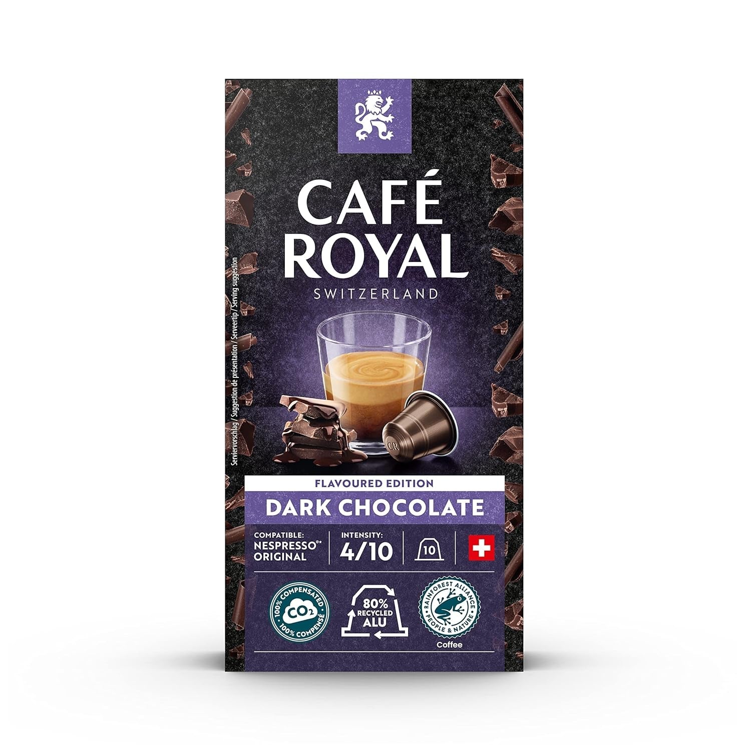 Café Royal con sabor a chocolate negro 100 cápsulas para cafetera Nespresso - intensidad 4/10 - certificado UTZ, con aluminio y Lungo 36 cápsulas para cafetera Nespresso - intensidad 4/10