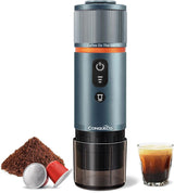 CONQUECO Máquina de espresso para coche de 12 V: Máquina de espresso portátil con batería para acampar y viajar - Calentamiento rápido en 2,5 minutos - 8 tazas de espresso en una sola carga
