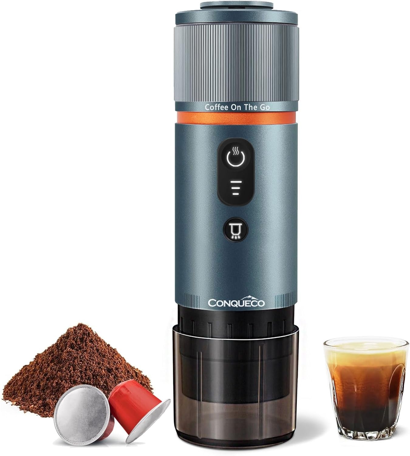CONQUECO Máquina de espresso para coche de 12 V: Máquina de espresso portátil con batería para acampar y viajar - Calentamiento rápido en 2,5 minutos - 8 tazas de espresso en una sola carga