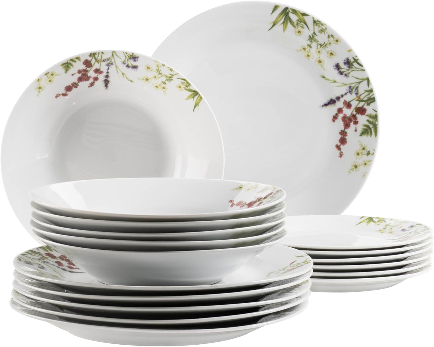 Mäser Herbal Garden Vajilla con detalles florales para 4 personas, 18 piezas, incluye platos llanos, hondos y de postre, porcelana, blanco