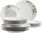 Mäser Herbal Garden Vajilla con detalles florales para 4 personas, 18 piezas, incluye platos llanos, hondos y de postre, porcelana, blanco