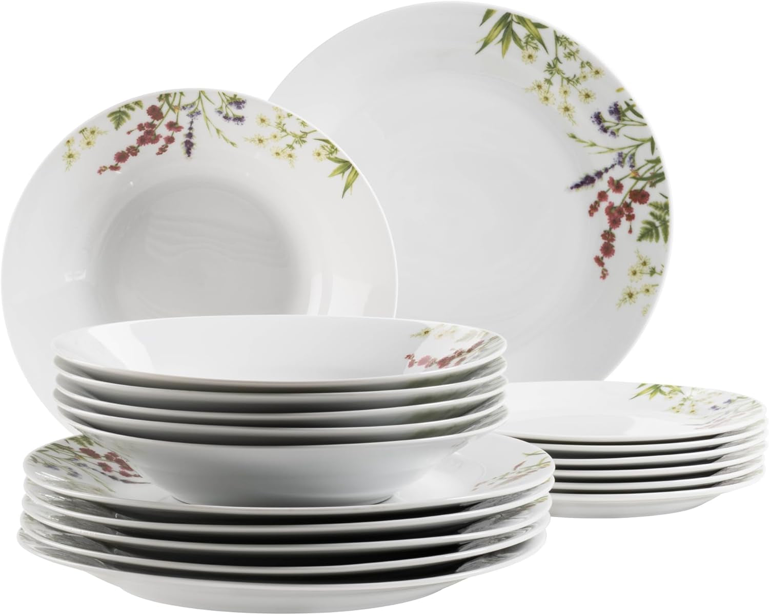 Mäser Herbal Garden Vajilla con detalles florales para 4 personas, 18 piezas, incluye platos llanos, hondos y de postre, porcelana, blanco